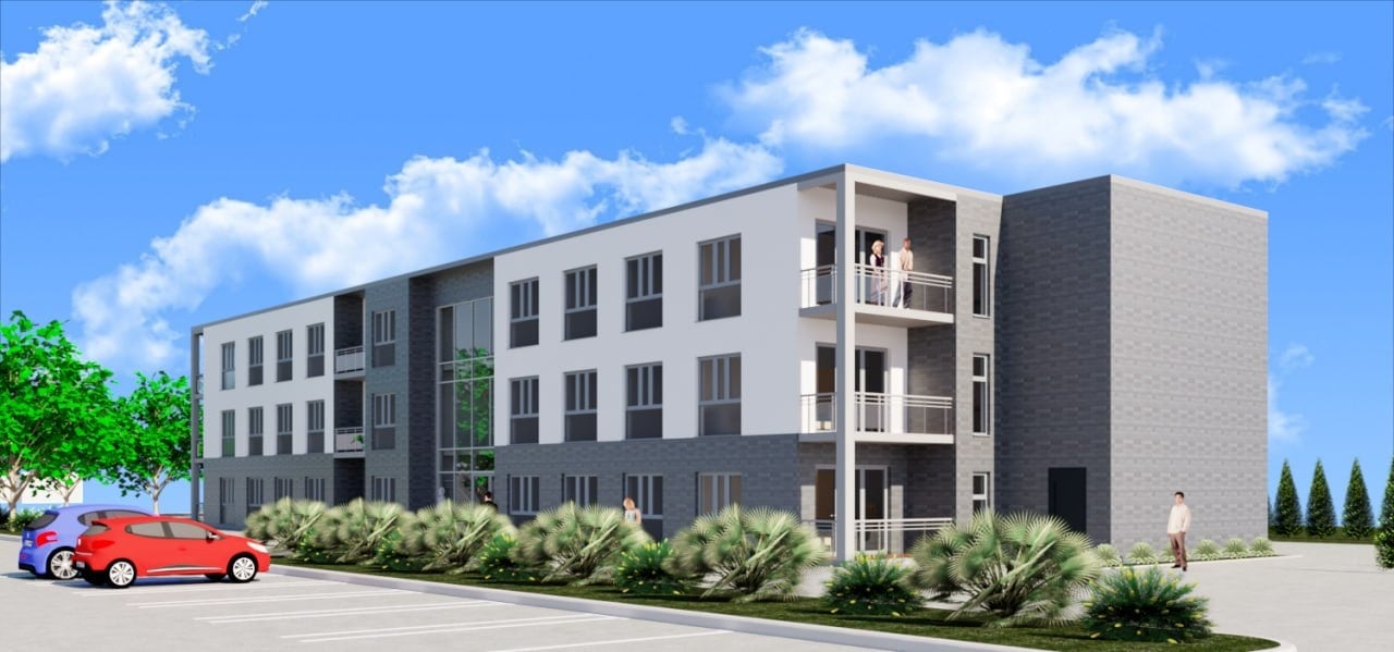 Concept visualisation of a three-storey modular building with repeated bays, balconies and a glazed central entrance
