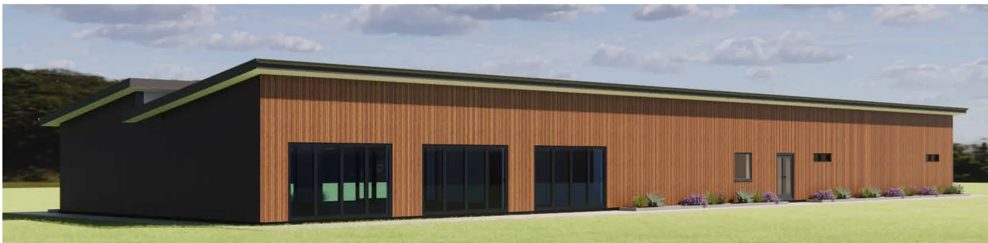 Concept visualisation of a long single-storey timber-clad sports club building with a dark monopitch roof and full-height glazing to the club room