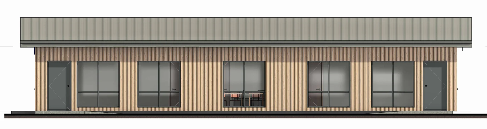 Concept elevation of a single-storey timber-clad learning facility with a shallow monopitch roof and a run of classroom windows