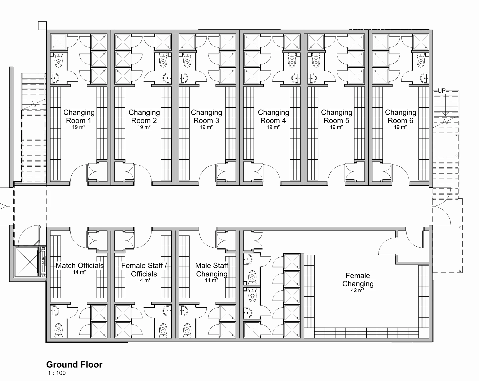 Concept ground-floor plan: six changing rooms along a central corridor with officials', staff and female changing