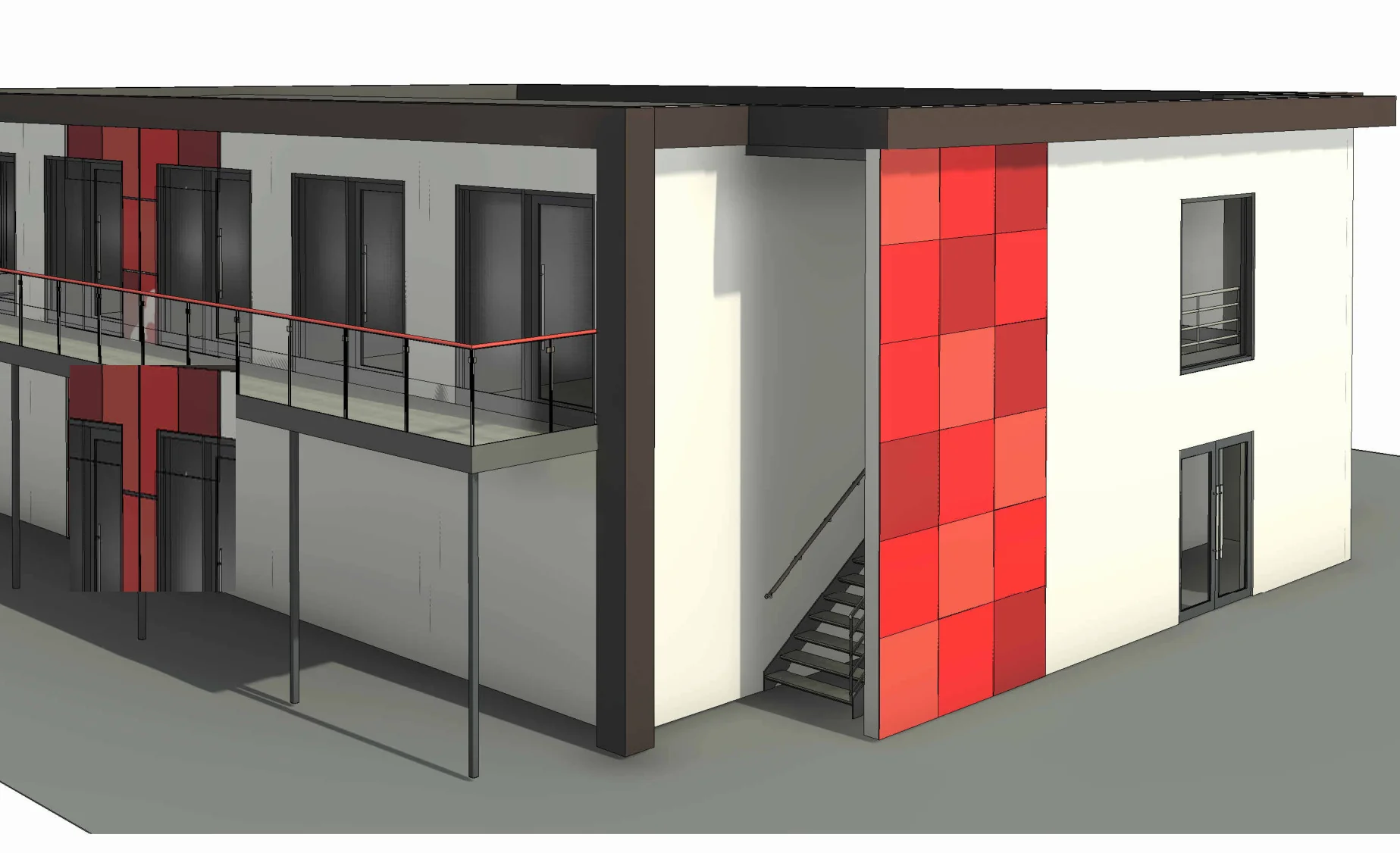 Concept perspective of a two-storey modular changing facility with a continuous first-floor balcony, external stair and coloured feature cladding panels