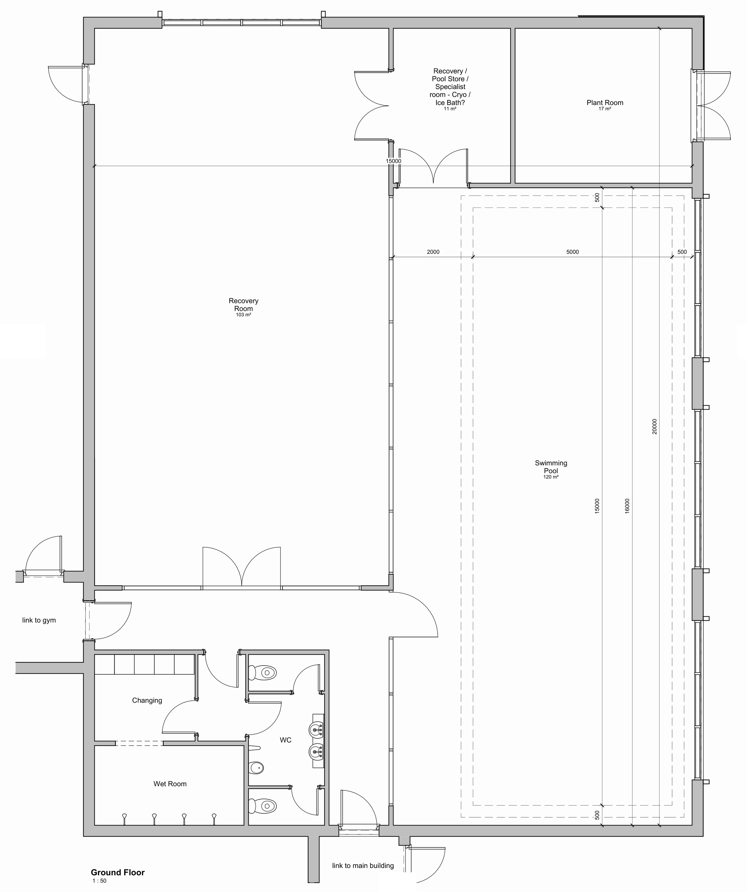 Concept ground-floor plan of the pool building: swimming pool, recovery room, changing, wet room, WCs, plant room and links to the existing gym and main building