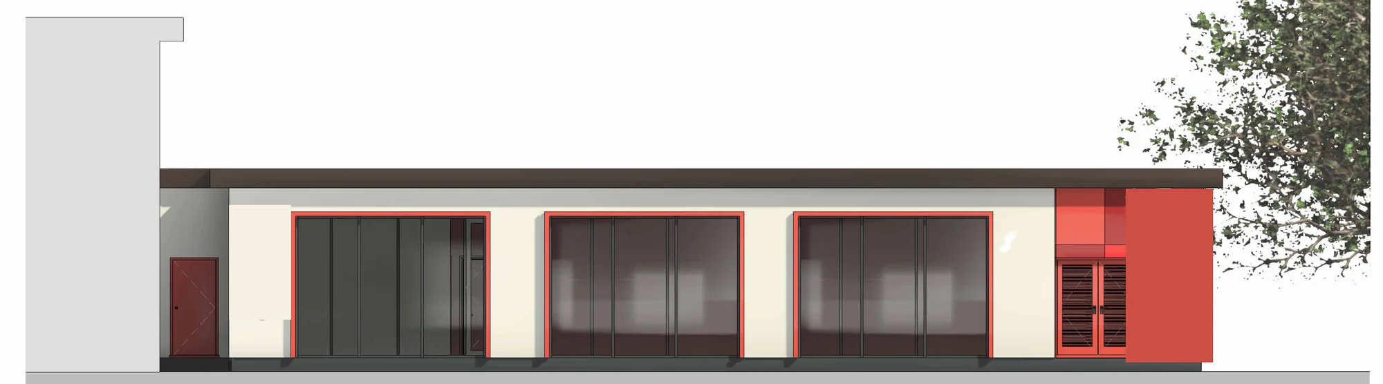 Concept elevation of the pool building showing three glazed openings, a plant-room louvre and the link to the existing building