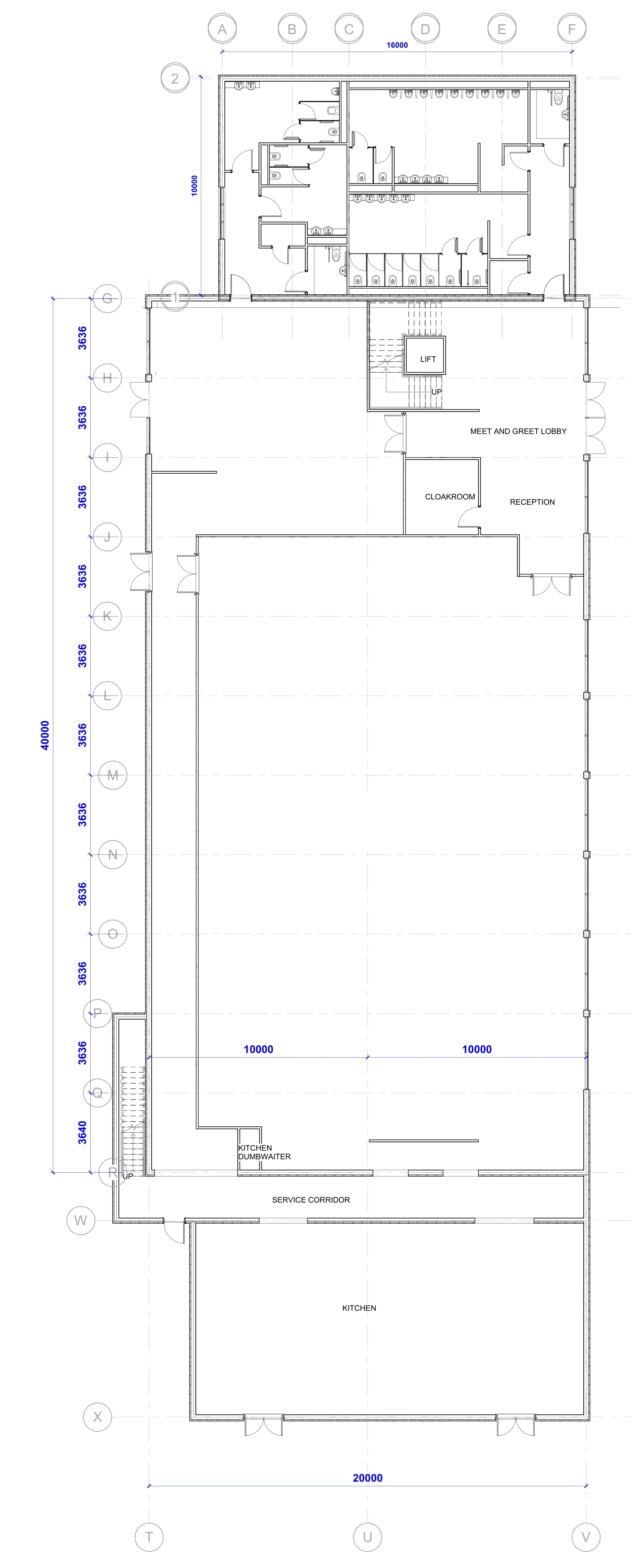 Ground-floor general arrangement concept plan on a structural grid: reception, cloakroom, lobby, main suite, kitchen and service corridor