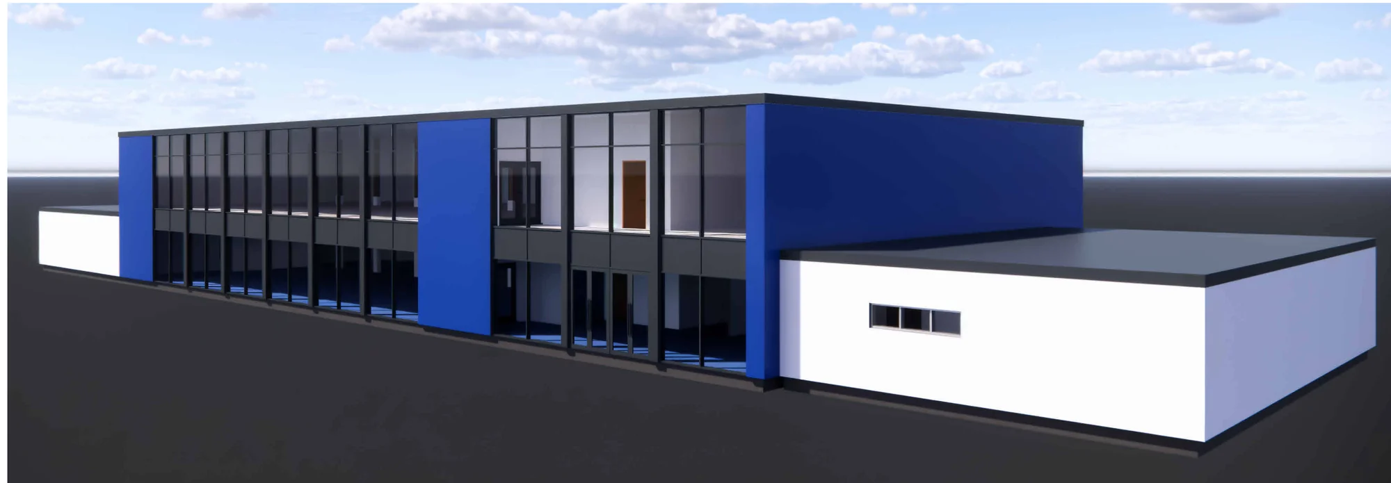 Concept perspective of a two-storey modular sports facility with a fully glazed first floor, deep blue end walls and a single-storey white wing